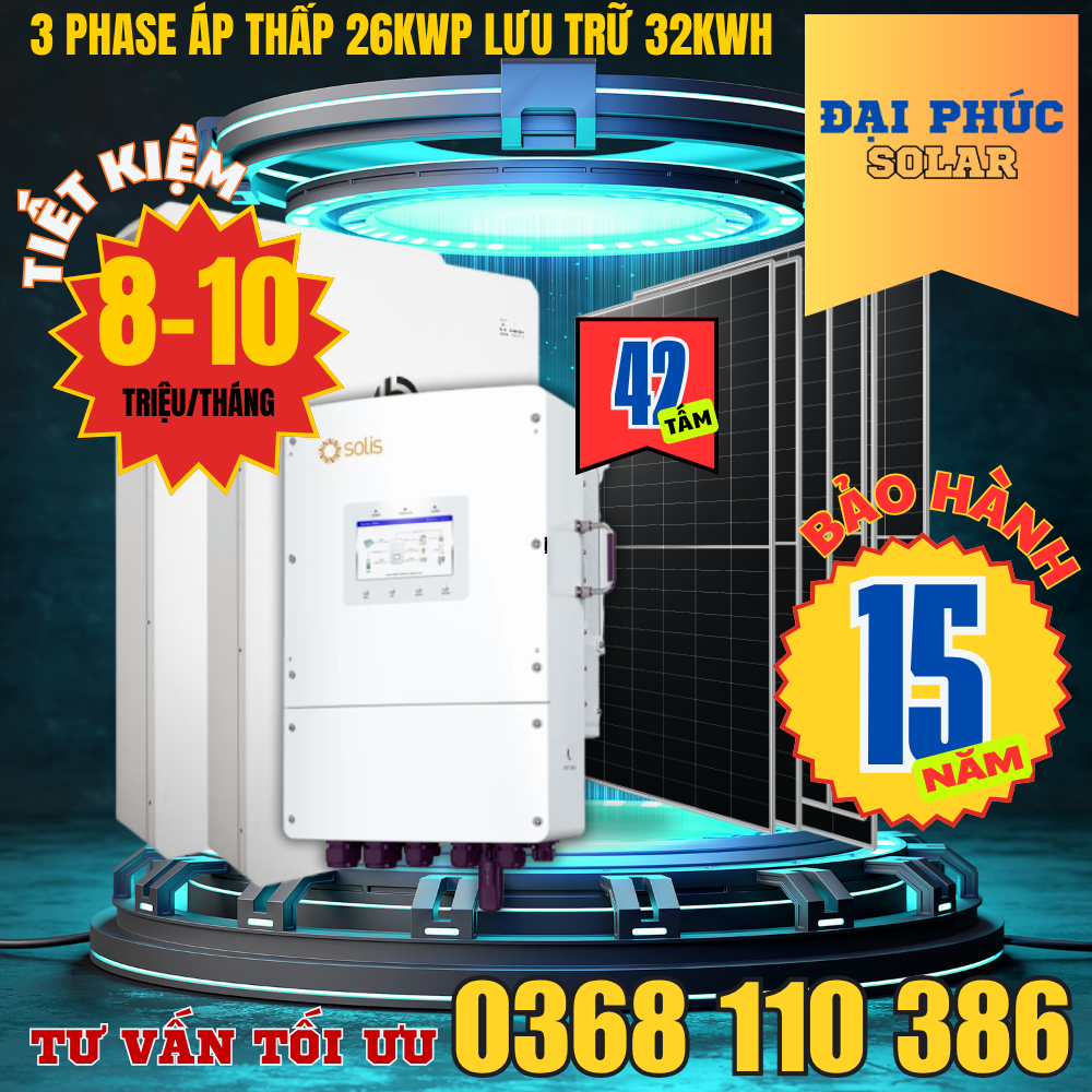 trọn gói lắp điện mặt trời 3 phase 26 kwp có lưu trữ tiết kiệm từ 8 đến 10 triệu mỗi tháng